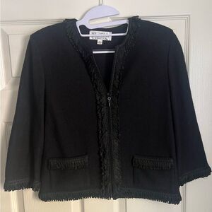 St John Collection Marie Gray Crop Fringe Cardigan Blazer Sweater Sz 6 Black